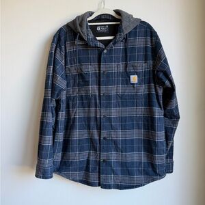 Carhartt Rugged Flex Relaxed Fit Navy Plaid Flannel with Fleece Hooded Shirt Jac
